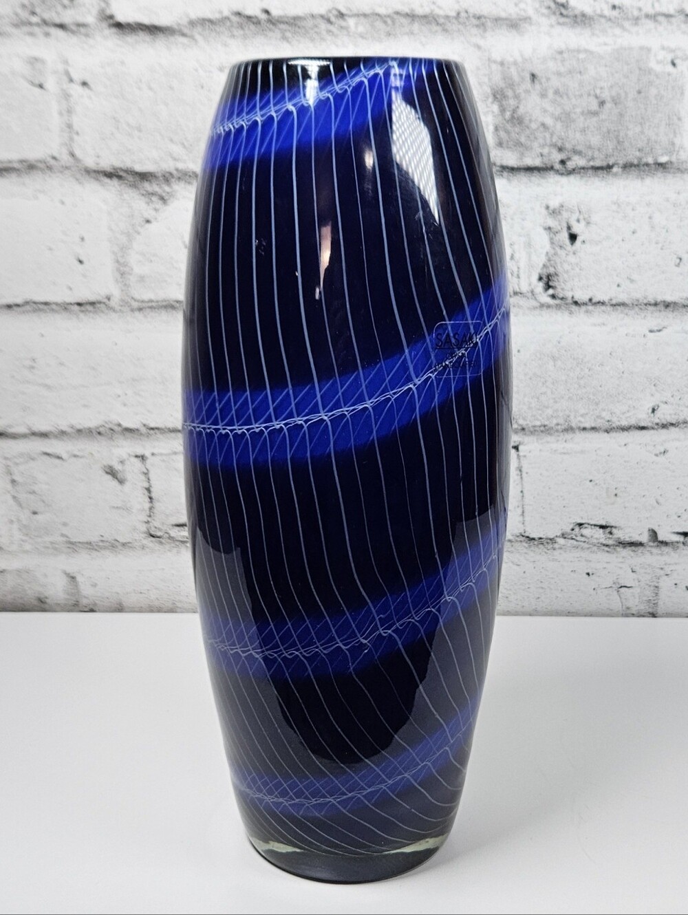 Sasaki Cobalt Blue Art Glass Vase Hand Blown Sw irl Stripe 13 Inch Decor